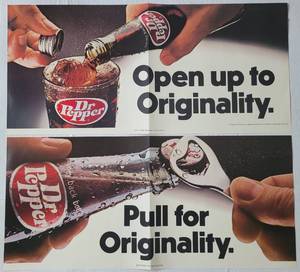 lot 63 image: RARE FIND (2) VINTAGE 1976 DR. PEPPER ADVERTISING ADS IN IMMACULATE CONDITION FOR THEIR AGE AS SHOWN. THESE WERE NEVER USED  DISPLAYED. TAKE A LOOK (SOLD 2 X THE MONEY) APPROX. 22 W x 10.25 H (EACH).