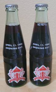lot 67 image: (2) VINTAGE 1994 DR. PEPPER 8 OZ THE BALLPARK IN ARLINGTON OPENING DAY APRIL 11, 1994 COMMEMORATIVE UNOPENED BOTTLES AS SHOWN. (SOLD 2 X THE MONEY)