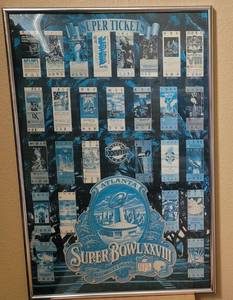 lot 74 image: LARGE FRAMED SUPER TICKETS SUPER BOWL XXVIII ATLANTA, GEORGIA POSTER AS SHOWN. APPROX. 24 W x 36 H.