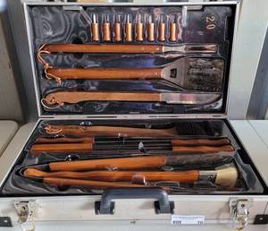 lot 10 image: BBQ GRILLING UTENSIL KIT IN ALUMINUM STORAGE CASE AS SHOWN.