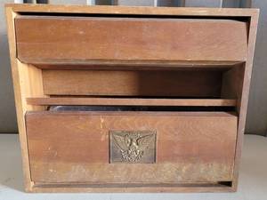lot 17 image: VINTAGE WOODEN KITCHEN FOIL  PLASTIC WRAP ROLL DISPLAYDISPENSER AS SHOWN. WALL MOUNTABLE. APPROX. 13 W x 11 H x 5.75 D.