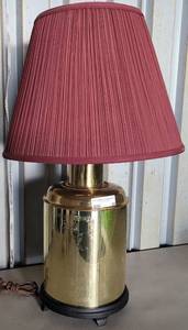 lot 50 image: UNDERWRITERS LABORATORIES EMBOSSED BRASS STYLE LAMP WITH SHADE AS SHOWN. APPROX. 10 W x 30.5 H (WITHOUT SHADE).