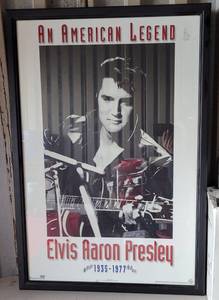 lot 136 image: LARGE 1995 AN AMERICAN LEGEND ELVIS PRESLEY FRAMED POSTER AS SHOWN. APPROX. 26 14 L x 38 14 H.