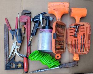 lot 159 image: PIPE WRENCH, PAINT SPRAYER, MALLETS, AND ASSORTED TOOLS AS SHOWN.