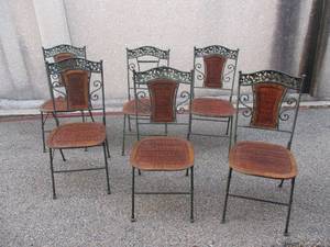 lot 2 image: 6-Vintage Folding Chairs-Heavy Duty, Ornate Metal Frame And Wicker, On Hard  Wood Back And Bottom.