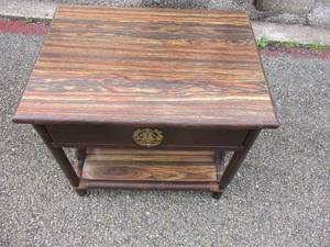 lot 11 image: Vintage Oriental End Table With Drawer, Bottom Shelf And Bamboo Style Strapped Legs