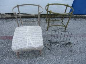 lot 71 image: LOT- 2-Matching Table Stands, 1-Metal Magizne Rack, And 1-Foot Stool