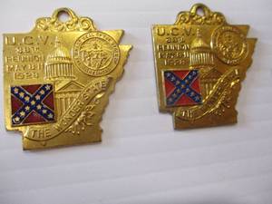 lot 8 image: 2- 1928 38-Th. U.C.V.  (United Confederate Veterans), May 8-11, The Great State Of Arkansas-Metal Badge