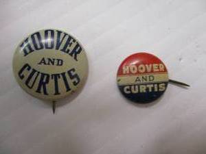 lot 16 image: Vintage-1928 AND 1932 HOOVER AND CURTIS PRESIDENTIAL CAMPAIGN BUTTONS PIN BACK, BY GREENDUCK
