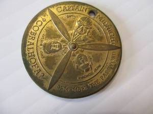 lot 47 image: 1940s- Metal-Spinner, Skelly-Captain Midnight 1940 Flight Patrol Medal Of Membership Coin  Token.