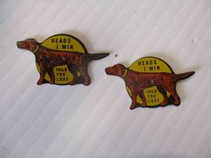 lot 49 image: 2-1930s CRACKER JACK- Tin Litho Toy Prize, Heads I Win  Tails You Lose, Dog Spinners
