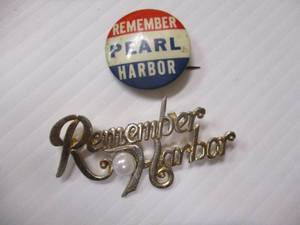 lot 63 image: 2- REMEMBER PEARL HARBOR PINS... 1-BROOCH PIN WITH PEARL, AND 1-PINBACK PIN