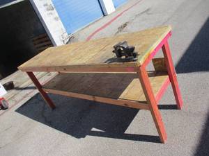 lot 113 image: Shop Work Bench With Lower Shelf And #43-Columbian Vise Co, USA Vise.  NOTE HEAVY- Bring Help