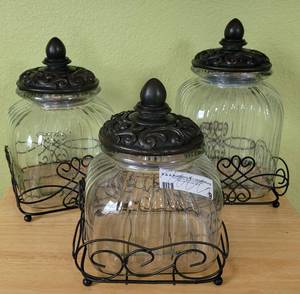 lot 9 image: SET OF 3 DECORATIVE GLASS CANISTERS IN STYLE SHOWN.