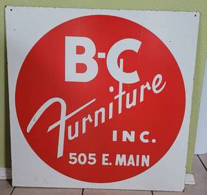 lot 23 image: DOUBLE SIDED WOODEN B-C FURNITURE INC. GRAND PRAIRIE SQAURE SIGN AS SHOWN. APPROX. 30 W X 30 H.