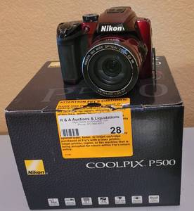 lot 28 image: NIKON COOLPIX P500 12.1 MP 36x OPTICAL ZOOM DIGITAL CAMERA WITH ACCESSORIES AND BOX AS SHOWN.