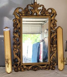 lot 35 image: MIRROR AND SET OF 2 WALL CANDLE SCONCES IN DESGN AS SHOWN. MIRROR APPROX. 20 W X 30 H. SCONCES APPROX. 19.75 H