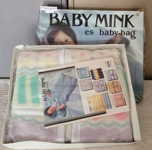 lot 43 image: BRAND NEW BABY MINK BABY BAG BLANKET IN STYLE AND COLOR AS SHOWN.