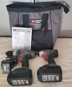lot 57 image: PORTER-CABLE PC18001D 18v 12 DRILLDRIVER AND PC1801ID 18v 14 DRILLDRIVER TOOL KIT WITH BAG AS SHOWN.