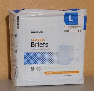 lot 81 image: NEW, UNOPENED 18-PACK LARGE MCKESSON CLASSIC BRIEFS- LIGHT ABSORBENCY AS SHOWN.