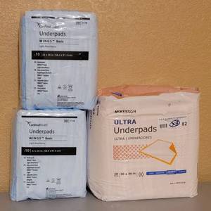 lot 82 image: NEW, UNOPENED (2) CARDINAL HEALTH UNDERPADS WINGS LIGHT ABSORBENCY AND (1) MCKESSON ULTRA UNDERPADS HEAVY ABSORBENCY AS SHOWN. (SOLD 3 X THE MONEY)
