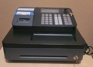 lot 106 image: CASIO ELECTRONIC CASH REGISTER 5M-T274 WITH KEYS IN WORKING CONDITION AS SHOWN.