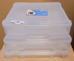 lot 119 image: LOT OF 3 PLASTIC SCRAPBOOK STORAGE CASES AS SHOWN. THESE HOLD 12 X 12 PAPER. (SOLD 3 X THE MONEY)