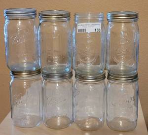 lot 130 image: LOT OF 8 ASSORTED CANNING JARS AS SHOWN.