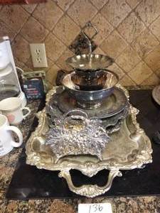 lot 136 image: Selection of silver-plated serving trays, bowls, napkin holder and more -  DIFFERENT LOCATION - Pickup 011722