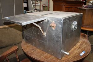 lot 5 image: Portable Concessions Cooler Metal with Dual Drop Leaf and Coca-Cola Bottle Opener 26 x 44.5 x 17 Tall
