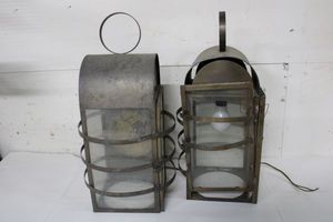 lot 82 image: Pair of Electric Lantern Style Brass Fixtures by Corbett Lighting