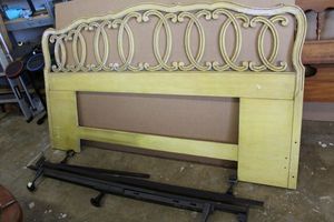 lot 19 image: Vintage King Size Headboard Stamped Thomasville, Yellow Finish is peeling, comes with bed frame