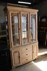 lot 29 image: Stanley Furniture Glass Shelf Lighted Hutch with White Pine Finish (50 x 80 x 16 comes apart in 2 pieces) PROCEEDS FROM THIS ITEM GOES TO SHARE-FEST TEXAS