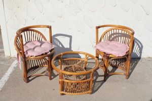 lot 30 image: Rattan Style Furniture, 2 Chairs and Table (Missing Glass Top)