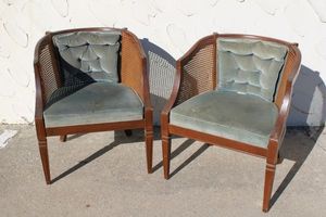 lot 28 image: Vintage Pair of Mid-Century Barrel Back Cane Chairs with Tufted Back
