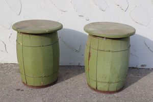 lot 41 image: Pair of Small painted Whiskey Barrel Outdoor Tables (15W x 19Tall each)