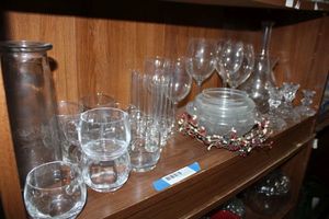 lot 133 image: Glassware on Shelf Clear Mugs, Clear Vases and Bowls