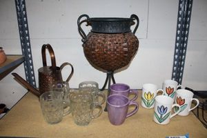 lot 136 image: Glass Mug Sets, Bronze Colored Watering Can and Basket Wave Plant Stand (18 Tall)