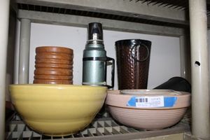 lot 75 image: Pottery mixingBread Bowls (One with Signature), Metal Vases, Turned Wood Vase, and Vintage Thermos with Handle