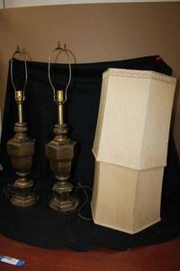 lot 141 image: Pair of Mid-Century Table Lamps features Wooden Base with Gold Speckled Paint and Gold Trim Hexagonal Shades