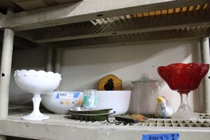 lot 76 image: Pyrex Milk Glass Mixing Bowls, Compote Dishes  (One Cranberry Glass and One Milk Glass) and Decorative Hangers