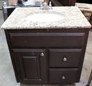 lot 105 image: Bathroom Vanity and Sink with Granite Top and Brushed Nickle Faucet (23 x 30 x 32tall)