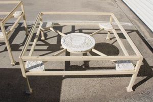 lot 143 image: Glass Top Coffee Table, Removeable Stone Inserts and Metal Frame (37 square x 16 tall)(HAS Glass JUST NOT pictured) PROCEEDS FROM THIS ITEM GOES TO SHARE-FEST TEXAS