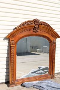 lot 147 image: Ornate Wood Carved Top Curved Beveled Dresser Mirror, Solid Frame (48 w x 49.5 Tall) (Could be repurposed as an Elegant Wall Mirror) PROCEEDS FROM THIS ITEM GOES TO SHARE-FEST TEXAS