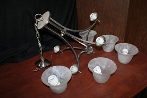 lot 149 image: Brushed Nickle Chandelier with Marbled Frosted Glass Sconces, 3 Bulbs included PROCEEDS FROM THIS ITEM GOES TO SHARE-FEST TEXAS