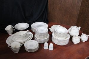 lot 152 image: Large Dish Set Silver Trim with Light Blue Berries Design, all pieces shown, no makers marks PROCEEDS FROM THIS ITEM GOES TO SHARE-FEST TEXAS