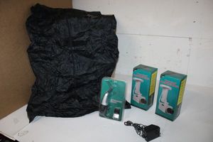 lot 104 image: Box of Plastic Garment Bags - Shirt Size,  Make Believe Security Cameras, and Computer Vacuum