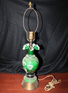 lot 155 image: Vintage Green Glass with Hand Painted Design, Ruffled Top, Brass Base