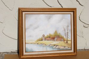 lot 158 image: Framed Wall Art House by the river Painting signed by artist (25 x 20) PROCEEDS FROM THIS ITEM GOES TO SHARE-FEST TEXAS