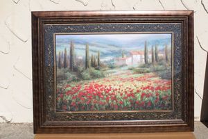 lot 159 image: Framed Wall Art Tuscany Landscape Lithograph Painting with Poppies, Beautifully ornate Glass Covered Frame (49 x 35) signed by artist PROCEEDS FROM THIS ITEM GOES TO SHARE-FEST TEXAS